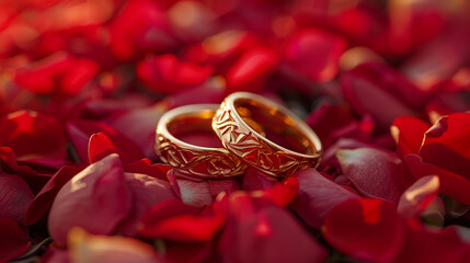 A close-up of a pair of gold wedding rings intertwined on a bed of red rose petals. The rings are engraved with intricate designs, and the light catches the subtle shine of the gold.