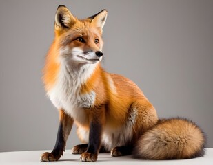 Obraz premium A red fox sitting gracefully against a neutral background, showcasing its striking fur