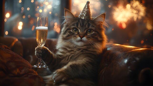 Funny cat at New Year's eve party. Fireworks are exploding in the background, festive season decorations, shiny party hat, glass of sparkling drink, filled with joy and celebration, modern trendy art
