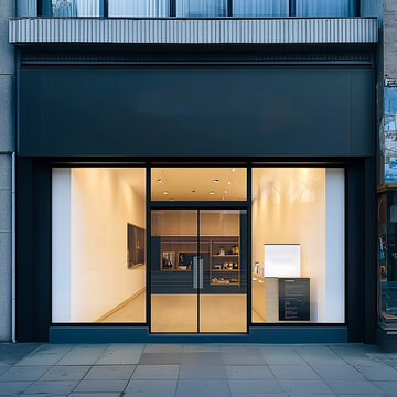 Shop front mockup, small store facade template for branding and business presentation, view of big window in European street