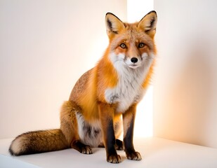 Fototapeta premium A red fox sitting gracefully against a neutral background, showcasing its striking fur