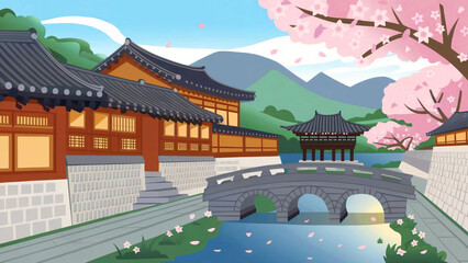 Fototapeta premium The bridge is surrounded by houses and a pagoda
