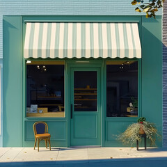 Shop front mockup, small store facade template for branding and business presentation, view of big window in European street