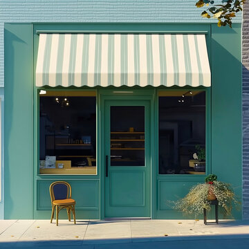 Shop front mockup, small store facade template for branding and business presentation, view of big window in European street