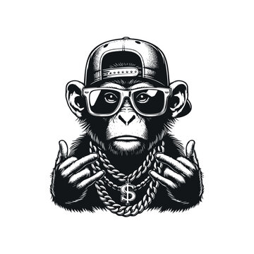 illustration of monkey wearing glasses and gold necklace in black and white vintage style, hiphop monkey illustration