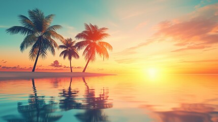 Fototapeta premium Breathtaking Tropical Beach Sunset with Palm Tree Silhouettes in HD