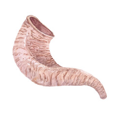 Shofar made from an animal horn hand painted realistic watercolor illustration isolated on white. High quality design element for Rosh Hashanah cards, posters, decor, prints. Jewish tradition clip art