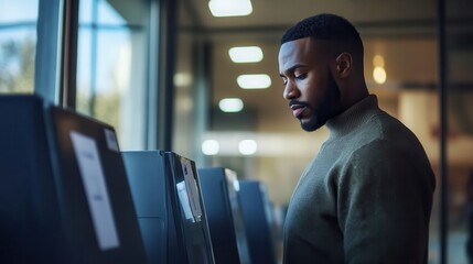 Man concentrating at a touchscreen voting booth in modern polling station, focused on making an informed decision, democratic process