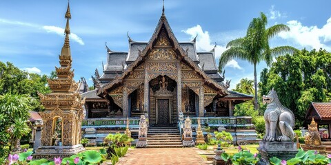 Obraz premium Traditional Thai Temple with Ornate Decorations and Gardens