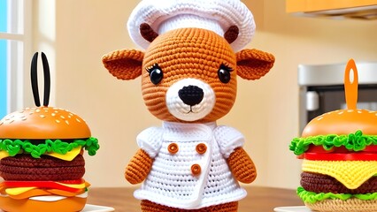 Obraz premium Charming Crochet Deer Chef with Colorful Burgers