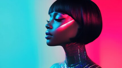 An African American woman in a bold futuristic outfit stands in profile, lit by vibrant blue and pink lights