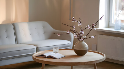 ceramic vase with blossom twigs on round wooden coffee table against grey sofa and window. Minimalist home interiordesign of modern living room.cozy living room interior, minimalist decor, grey sofa .