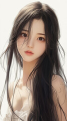 Naklejka premium A young girl with long, black hair poses gracefully, captured in light orange and gray tones, evoking serene beauty.