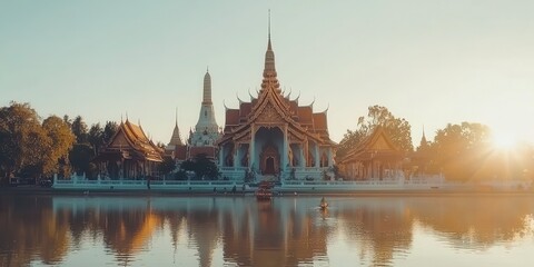 Obraz premium Golden Temple Reflection in Calm Water at Sunset