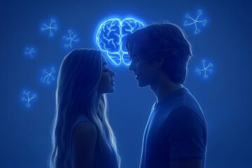 Cognitive training Passionate Blue toned profiles of couple facing symbolizing deep connection calm understanding and serene communication within their relationship in tranquil peaceful environment