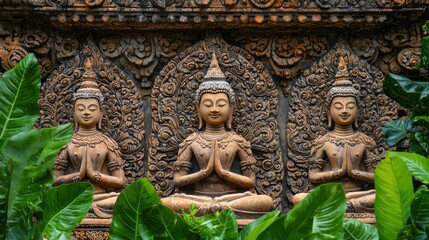 Obraz premium Three Stone Buddha Statues in a Garden Setting