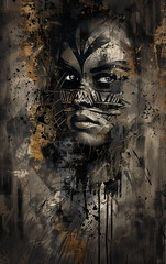 Portrait of a beautiful woman warrior with a determined expression wearing traditional headdress