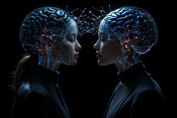 Memory enhancement Romance novel Two individuals facing each other with neural networks glowing in a dark futuristic environment symbolizing intellectual connection and advanced communication