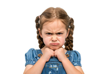 An angry little girl with clenched fists and furrowed brows, expressing her emotions.
