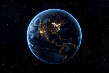 Planet Earth at night seen from space showing North America, South America, Europe, Africa
