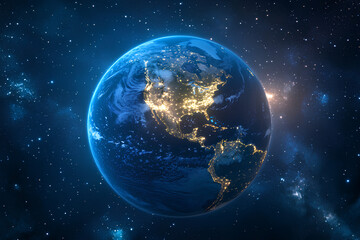 Obraz premium Planet Earth at night seen from space showing North America, South America, Europe, Africa
