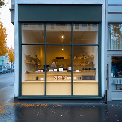 Shop front mockup, small store facade template for branding and business presentation, view of big window in European street