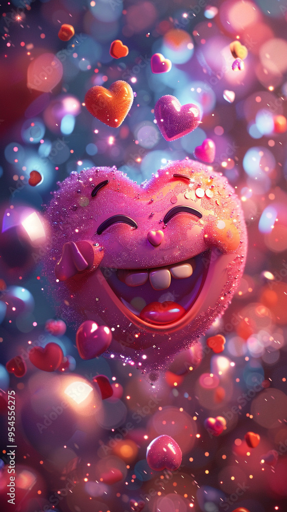 Wall mural A charming heart-eyed emoji with a wide grin and a pink blush, surrounded by floating hearts and sparkles.