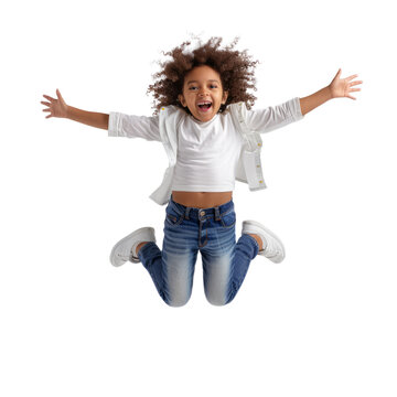 first-grade student jumping with joy, arms outstretched, a bright smile on their face, against a white background