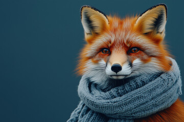 Obraz premium Winter Fox: A Sleek Fox Wearing a Winter Scarf on a Chilly Blue Evening