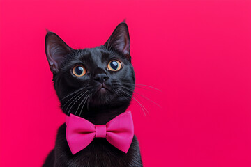 Chic Elegance: A Sleek Black Cat Wearing a Bow Tie on a Bright Pink Backdrop