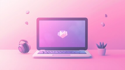 A modern workspace featuring a laptop with a soft pink background, a plant, and headphones for a creative and relaxing atmosphere