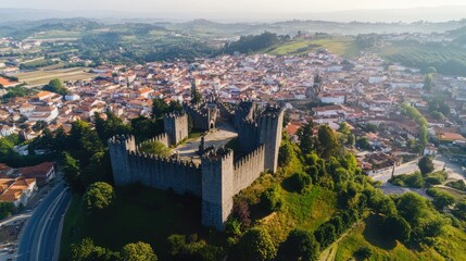 Fototapeta premium Aerial shot of the historic city of Guimar, with its medieval castle, narrow streets, and verdant surroundings