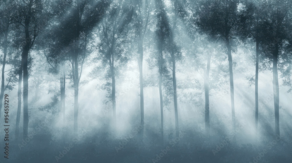 Sticker mystical foggy forest with sunbeams breaking through trees