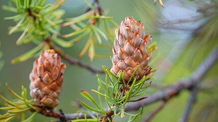 07231249 371. Macro shot of brown seed cones and young female developing cone on a larch tree, set against a natural background with selective focus on the intricate details
