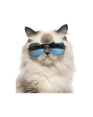 Obraz premium An orange cat in sunglasses with a serious face is suitable for pet-related designs, humor articles, and summer-themed content. Cute and quirky feline image