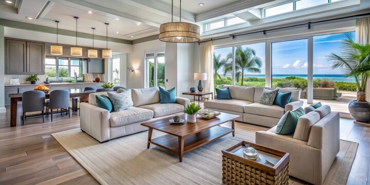 A fusion of beachy textures and modern minimalism defines this Sarasota living room, where plush furnishings and
