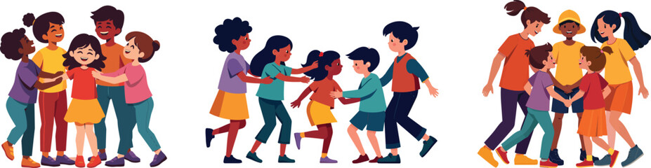 Fototapeta premium Flat Vector Illustration Of Diverse Group Kids Playing Together Joyful and Inclusive Scene Isolated On White Background, Created with Generative AI