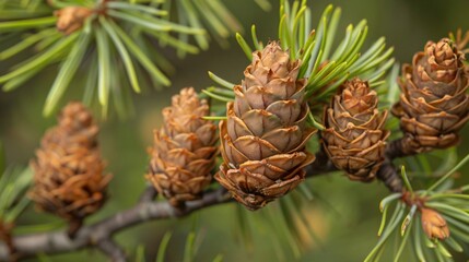Fototapeta premium 07231249 371. Macro shot of brown seed cones and young female developing cone on a larch tree, set against a natural background with selective focus on the intricate details