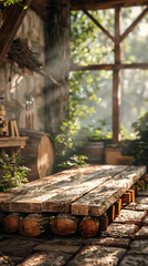 A DIY podium constructed from stacked wooden beams, with a rough-hewn, natural look, set in a rugged, outdoor workshop with a view of the forest.