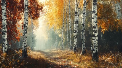 Birch leaves blanket dirt road in autumn forest under sunny afternoon sun