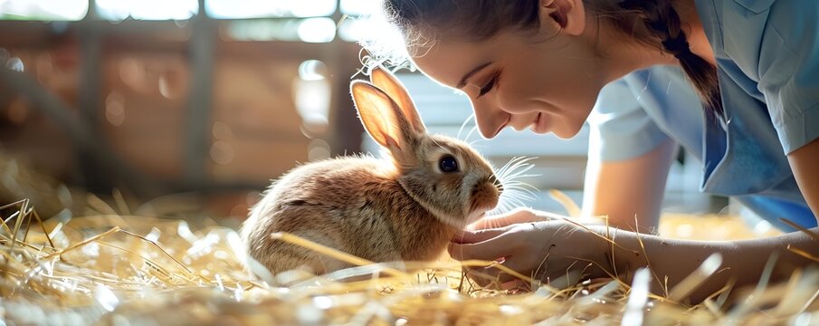Veterinary examining rabbit s teeth in a small barn with straw covered floor