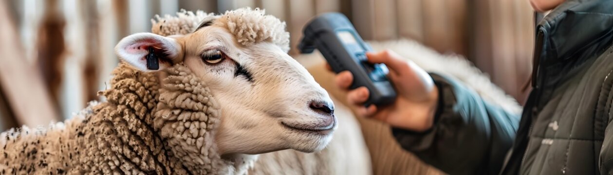 Veterinarian Scanning Sheep s Microchip with Handheld Device for Modern Identification on Farm