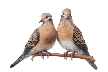 Two light brown doves perched on a branch against a white background. Suitable for nature-themed designs, greeting cards, and wildlife illustrations