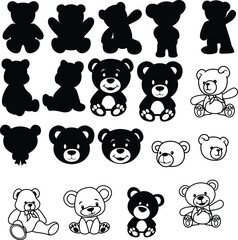 Teddy Bear Bundle Illustration, Cute Teddy Cut File, Stuffed Toy Stencil, Sweet Bear Vector, Silhouette Clipart