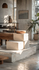 A DIY podium made from stacked cinder blocks and a wooden plank, with a minimalist, industrial aesthetic, set in a modern, urban studio space.