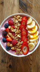 A flat lay of a colorful bowl of smoothie topped with granola, fresh fruits, and a drizzle of honey, set against a light wood table.