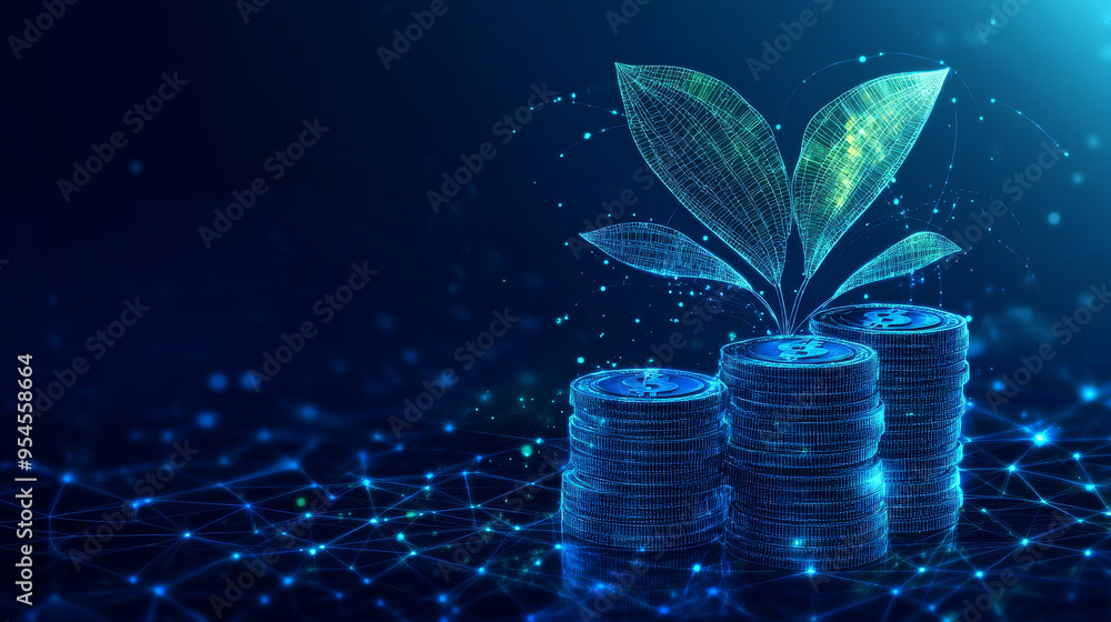 Wall mural Sustainable economy concept featuring dollar coins, plants, and a growth chart in blue, set against a technological background. The abstract finance and environment banner includes a digital low poly 