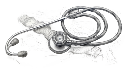 Hand-drawn sketch of a stethoscope, isolated in PNG format, ideal for medical and healthcare-related designs