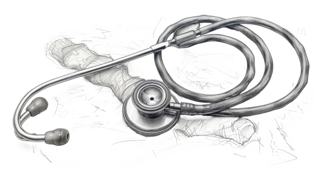 Hand-drawn sketch of a stethoscope, isolated in PNG format, ideal for medical and healthcare-related designs