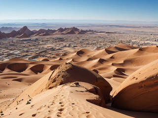 砂漠の中に遠くに遺跡が見える